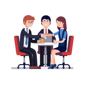 Successful business meeting or job interview Businessman and woman handshake over round desk. Closing deal. Successful business negotiations meeting or employee job interview. Colorful flat style vector illustration isolated on white background.